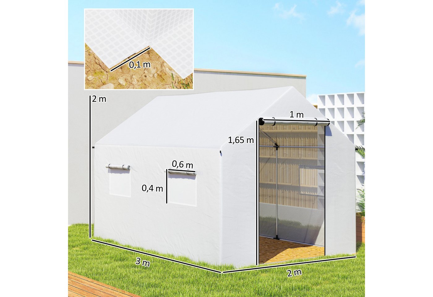 Outsunny Foliengewächshaus Gewächshaus, winddicht mit Rollfenster, Rolltür, UV-Schutz, BxTxH: 200 x 300 x 200 cm, BxLxH: 200 x 300 x 200 cm, Gewächshaus 2-St.,  – Bild 3 von 5