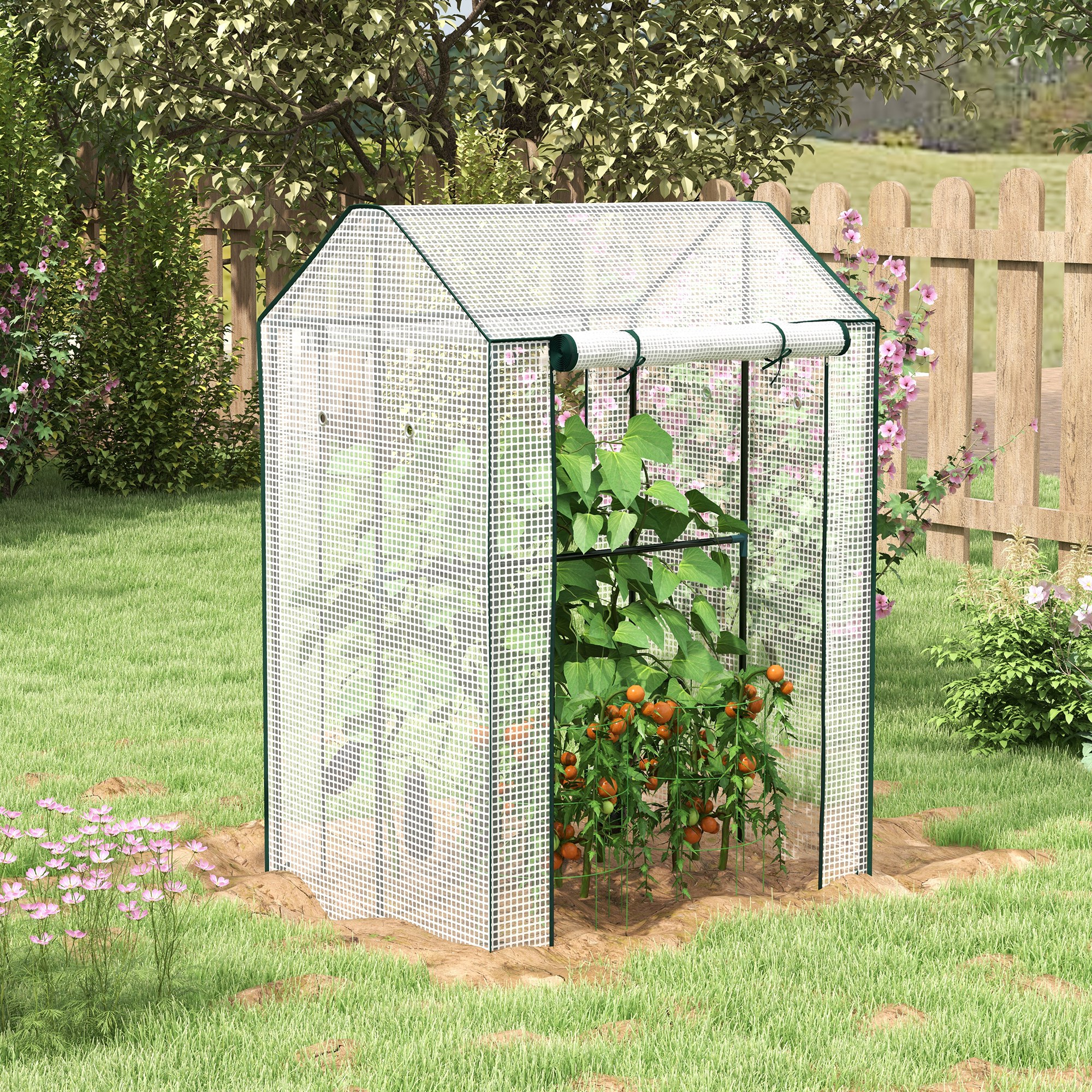 Outsunny Foliengewächshaus mit Doppeltür, winddichtes Tomatenhaus in Weiß, 100x80x150cm, ideal für Garten & Balkon Aosom.de – Bild 2 von 2