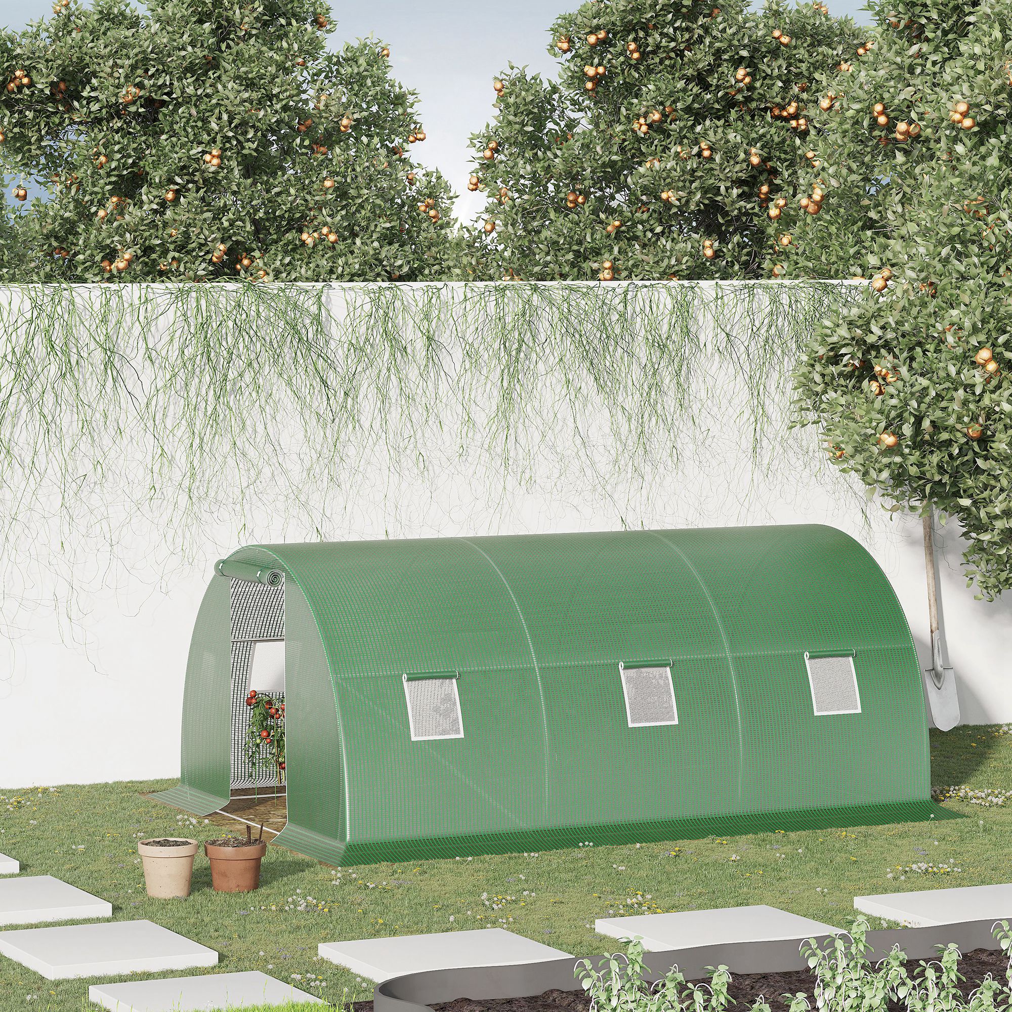 Outsunny Foliengewächshaus Polytunnel 4,5x3m begehbar mit 6 Fenstern, Frostschutz aus Stahlrohr, dunkelgrün für Garten & Pflanzen Aosom.de – Bild 2 von 2