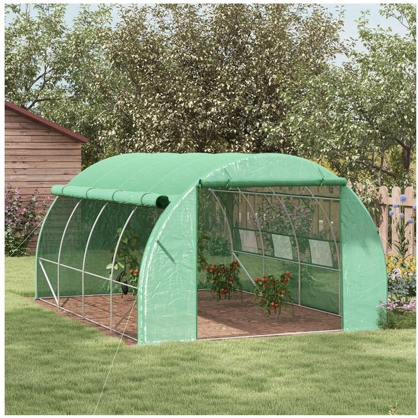 Outsunny Foliengewächshaus Polytunnel Gewächshaus mit aufrollbar Abdeckungen UV-Schutz, BxTxH: 397 x 300 x 200 cm, BxLxH: 300 x 397 x 200 cm, Tomatenhaus 1-St.,