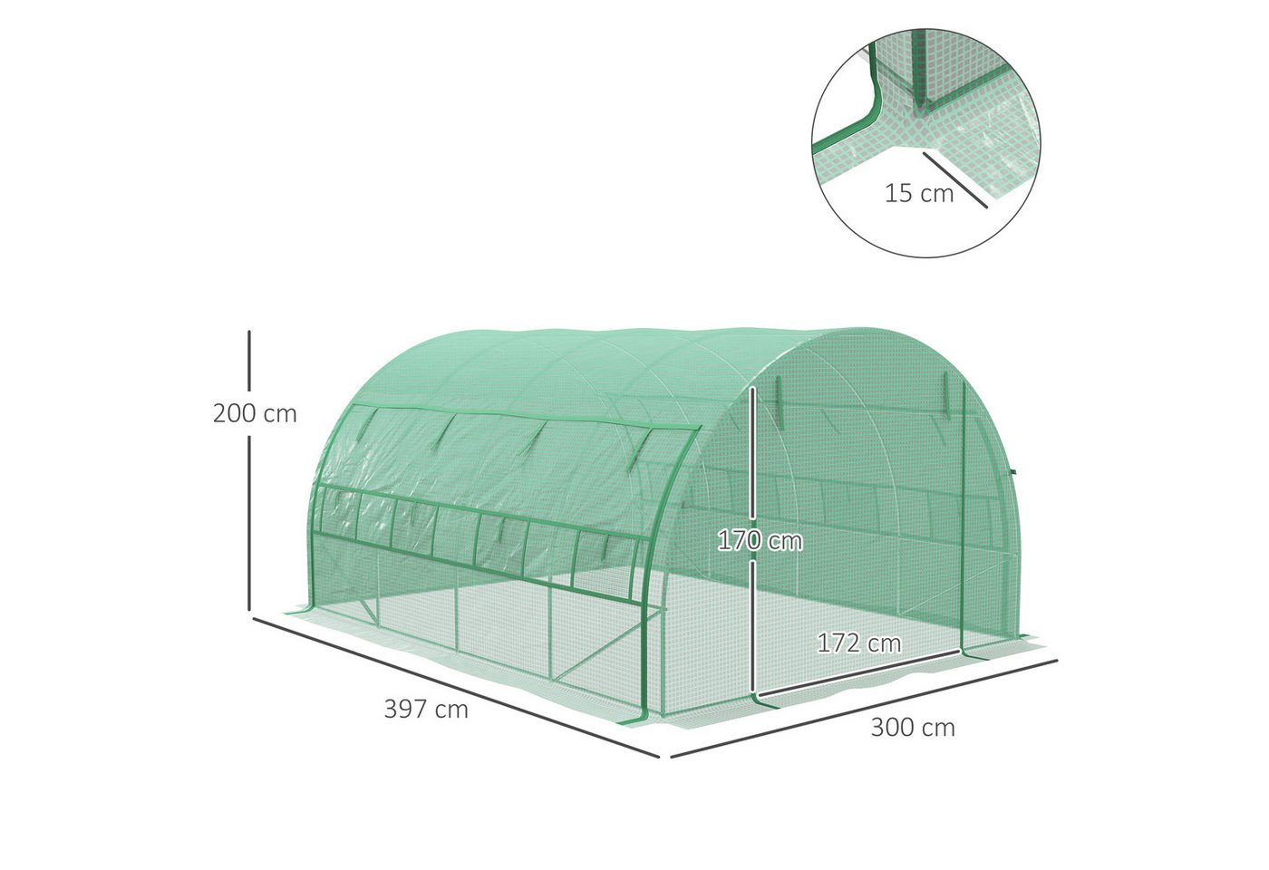 Outsunny Foliengewächshaus Polytunnel Gewächshaus mit aufrollbar Abdeckungen UV-Schutz, BxTxH: 397 x 300 x 200 cm, BxLxH: 300 x 397 x 200 cm, Tomatenhaus 1-St., – Bild 3 von 5