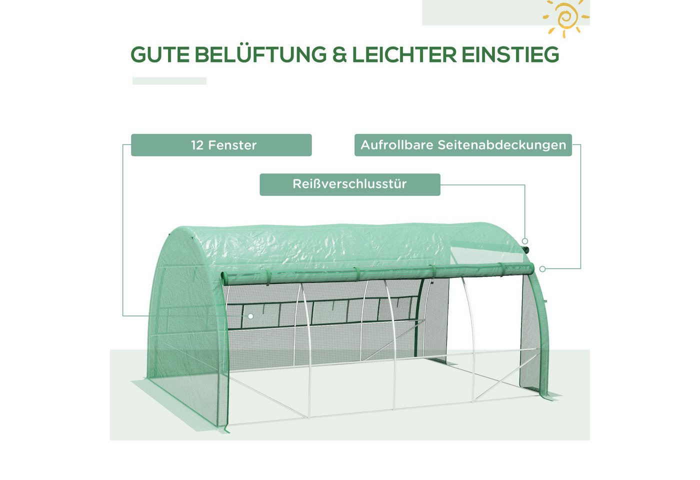 Outsunny Foliengewächshaus Polytunnel Gewächshaus mit aufrollbar Abdeckungen UV-Schutz, BxTxH: 397 x 300 x 200 cm, BxLxH: 300 x 397 x 200 cm, Tomatenhaus 1-St., – Bild 5 von 5