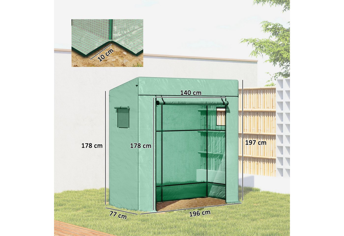 Outsunny Foliengewächshaus Rolltor Netzfenster Schrägdach Stabil mit PE-Folie Erdhaken, BxTxH: 77 x 196 x 197 cm, BxLxH: 77 x 196 x 197 cm, 0 mm Wandstärke, Tom – Bild 3 von 5
