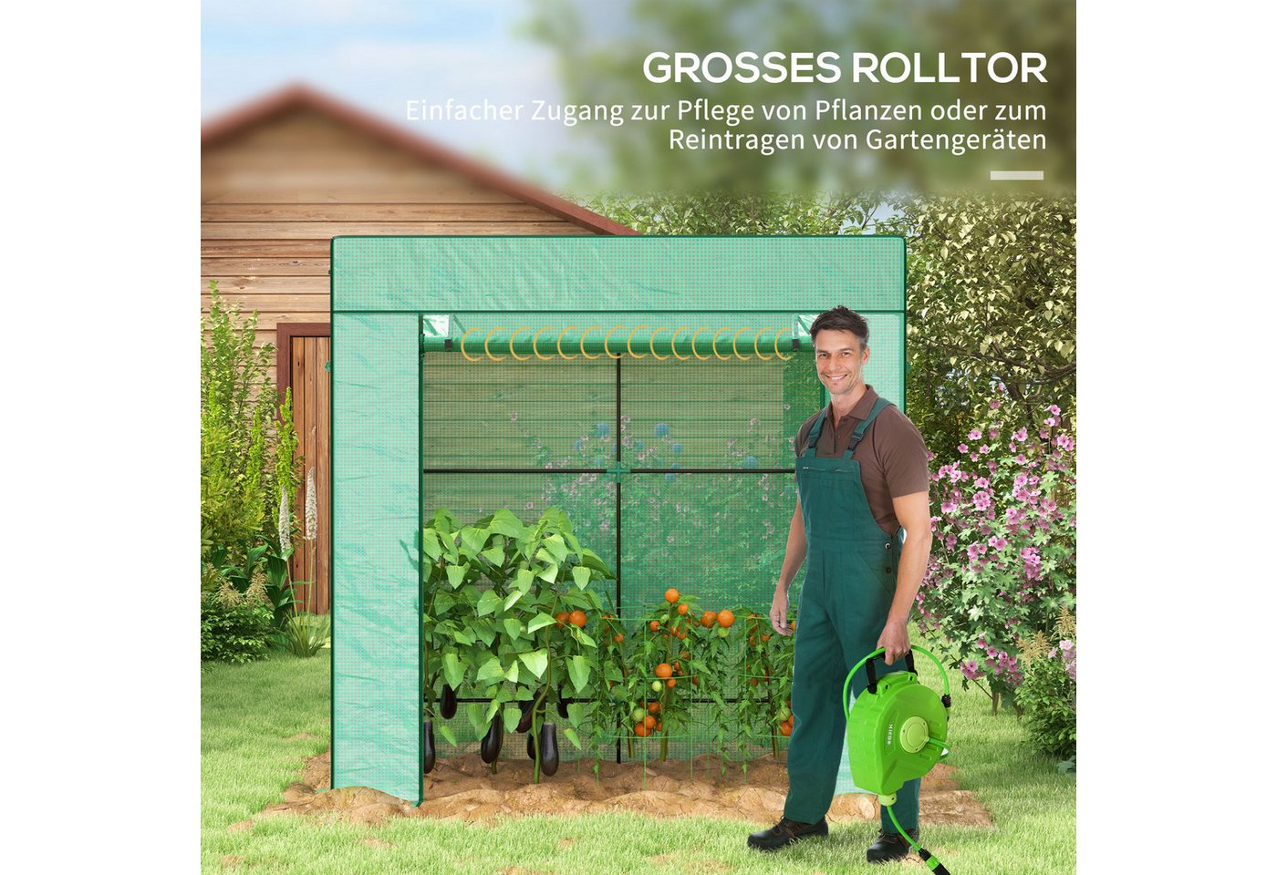 Outsunny Foliengewächshaus Rolltor Netzfenster Schrägdach Stabil mit PE-Folie Erdhaken, BxTxH: 77 x 196 x 197 cm, BxLxH: 77 x 196 x 197 cm, 0 mm Wandstärke, Tom – Bild 5 von 5