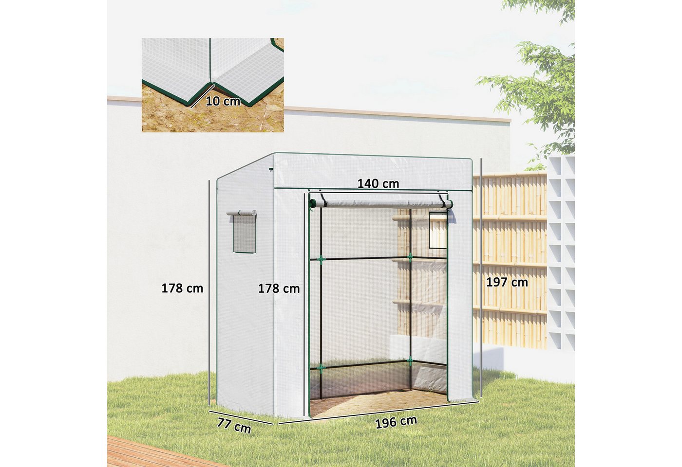 Outsunny Foliengewächshaus Rolltor Netzfenster Schrägdach Stabil mit PE-Folie Erdhaken, BxTxH: 77 x 196 x 197 cm, BxLxH: 77 x 196 x 197 cm, 0 mm Wandstärke, Tom – Bild 3 von 5