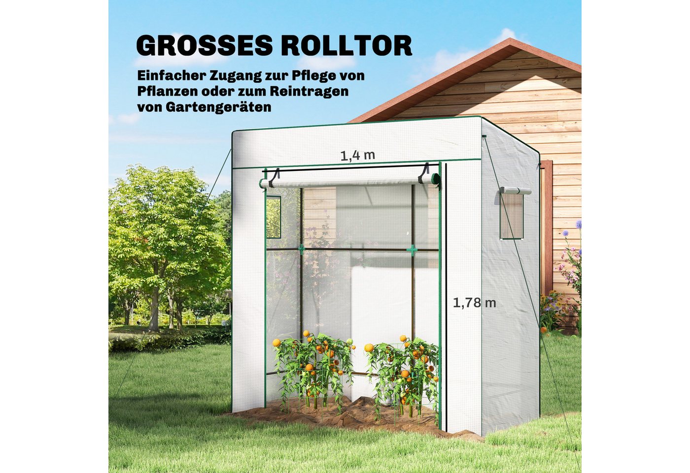 Outsunny Foliengewächshaus Rolltor Netzfenster Schrägdach Stabil mit PE-Folie Erdhaken, BxTxH: 77 x 196 x 197 cm, BxLxH: 77 x 196 x 197 cm, 0 mm Wandstärke, Tom – Bild 5 von 5