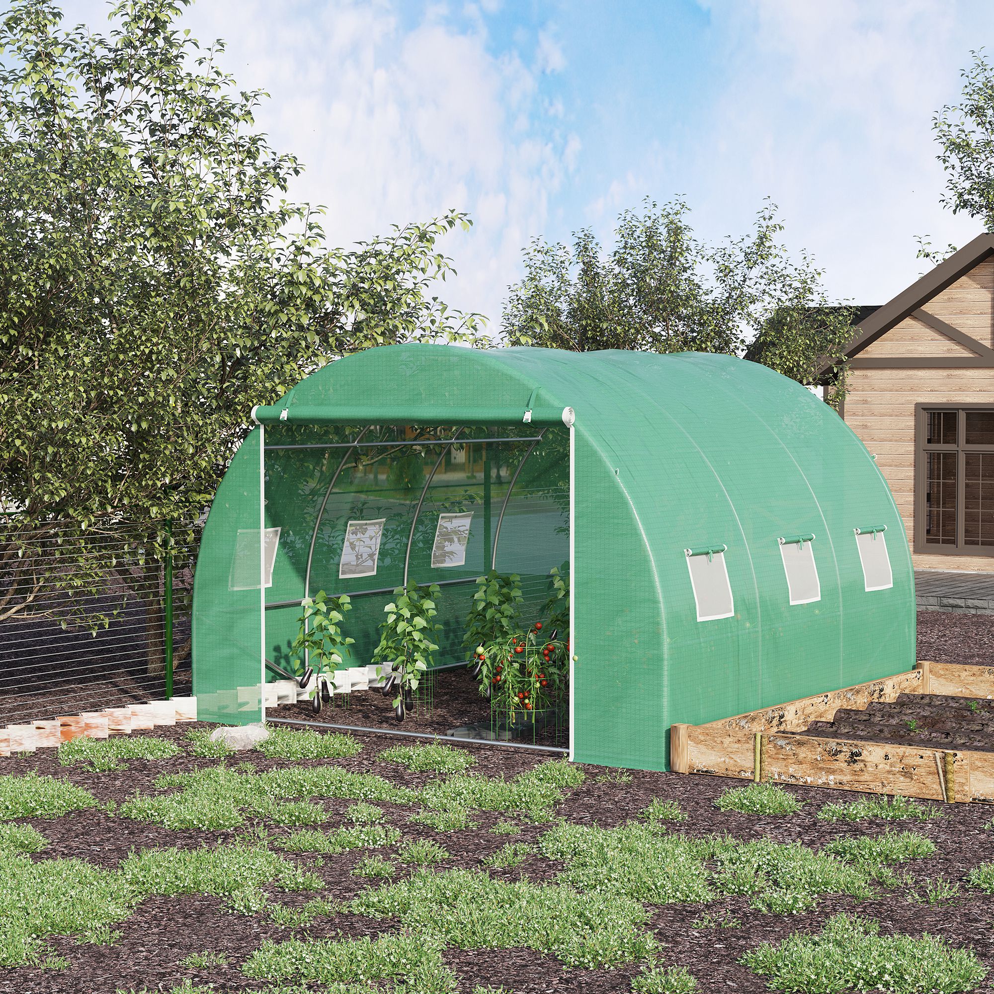 Outsunny Garten-Gewächshaus 9 m², Garten-Tunnelgewächshaus 3 x 3 x 2 m mit aufrollbarer Tür und 6 Gitterfenstern, Gewächshaus aus Stahl und hochdichtem PE, UV-b – Bild 2 von 2