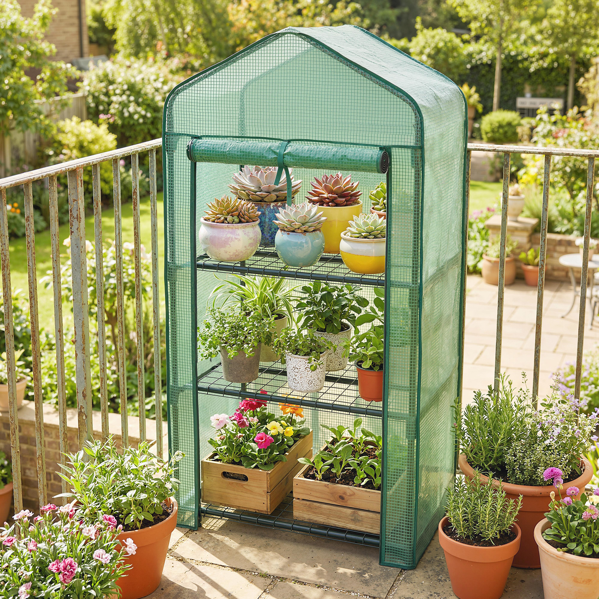 Outsunny Garten-Gewächshaus mit 3 Ablagen, Balkon-Gewächshaus, verstärkte PE-Plane, Stahlgestell, aufrollbare Reißverschlusstür, für Gemüse, Pflanzen, Blumen, 5 – Bild 2 von 2