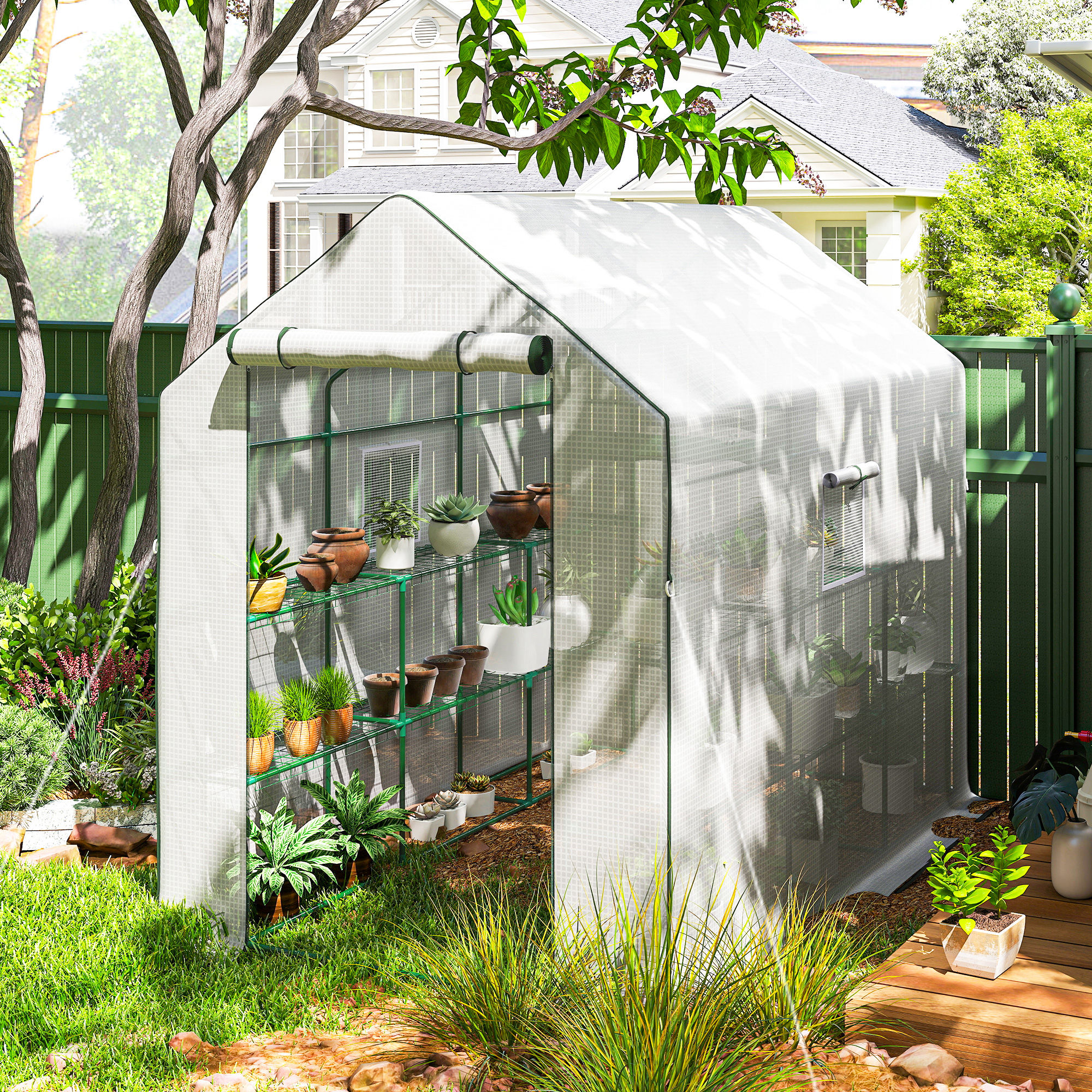 Outsunny Garten-Gewächshaus mit 3 Ebenen, Außen-Gewächshaus mit 12 Regalen, Rolltür, Fenster, UV-beständig, PE-Abdeckung 135 g/m² für Gemüse, Pflanzen, Blumen,  – Bild 2 von 2