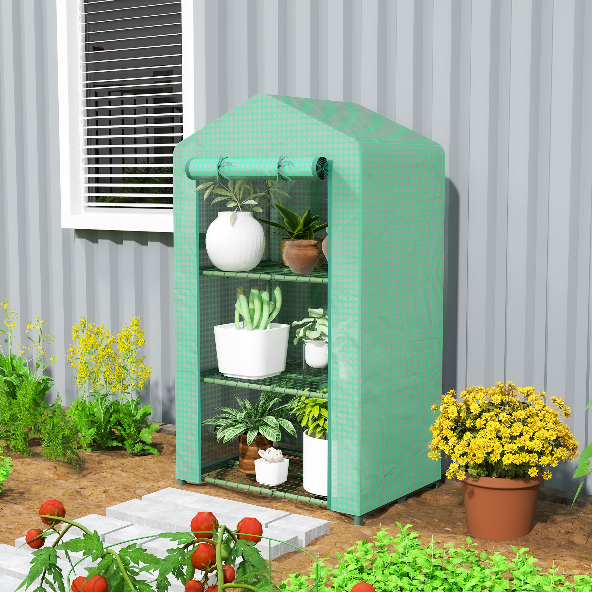 Outsunny Garten-Gewächshaus mit 3 Ebenen, Außen-Gewächshaus mit 3 Regalböden, aufrollbare Tür, Metallrahmen, PE-Abdeckung, UV-beständig, wasserdicht, für Terras – Bild 2 von 2