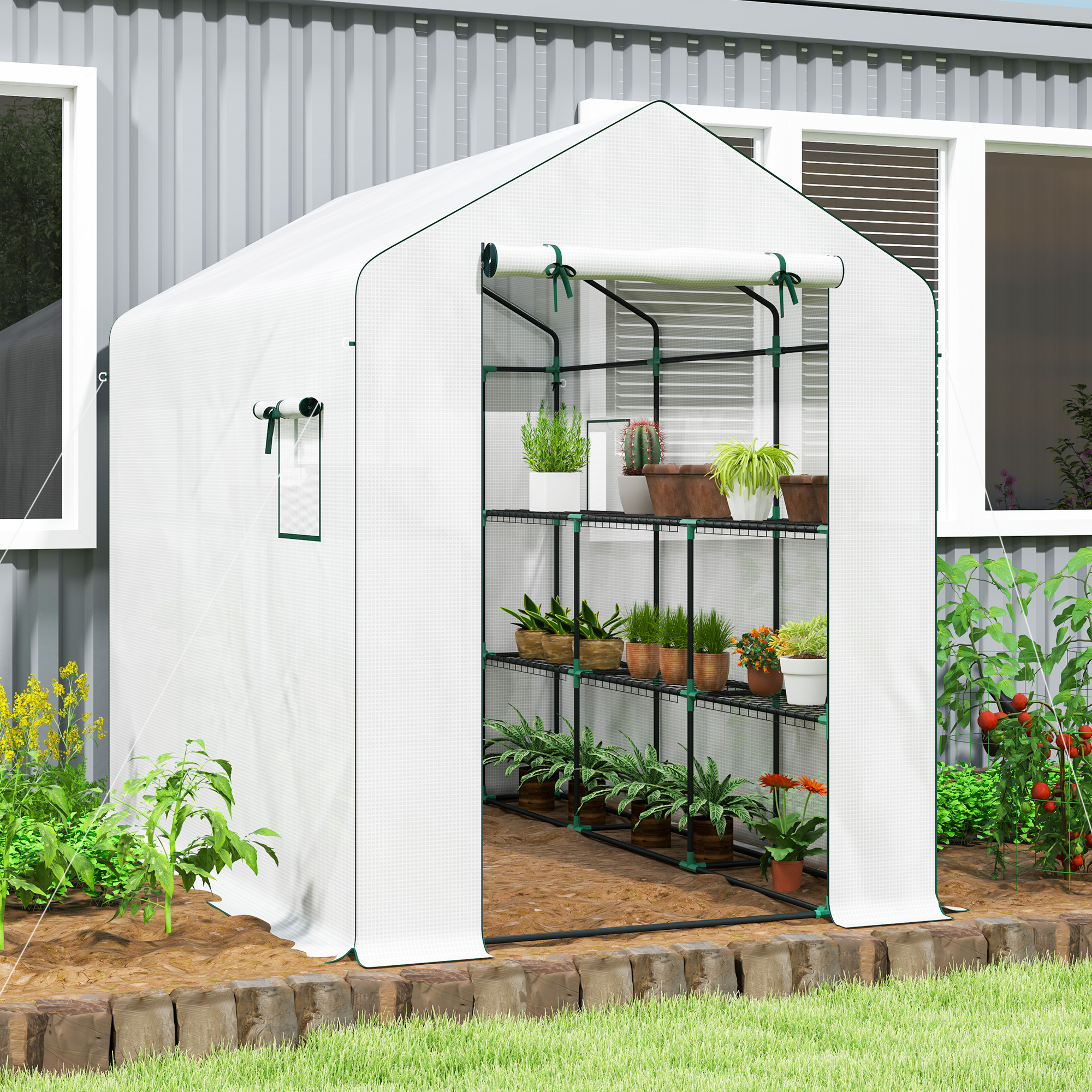 Outsunny Garten-Gewächshaus PE mit 3 Ebenen, Gewächshaus mit verstärkter 135 g/m² UV-beständiger Abdeckung, Stahlrahmen, rollbare Reißverschlusstüren und Mesh-F – Bild 2 von 2