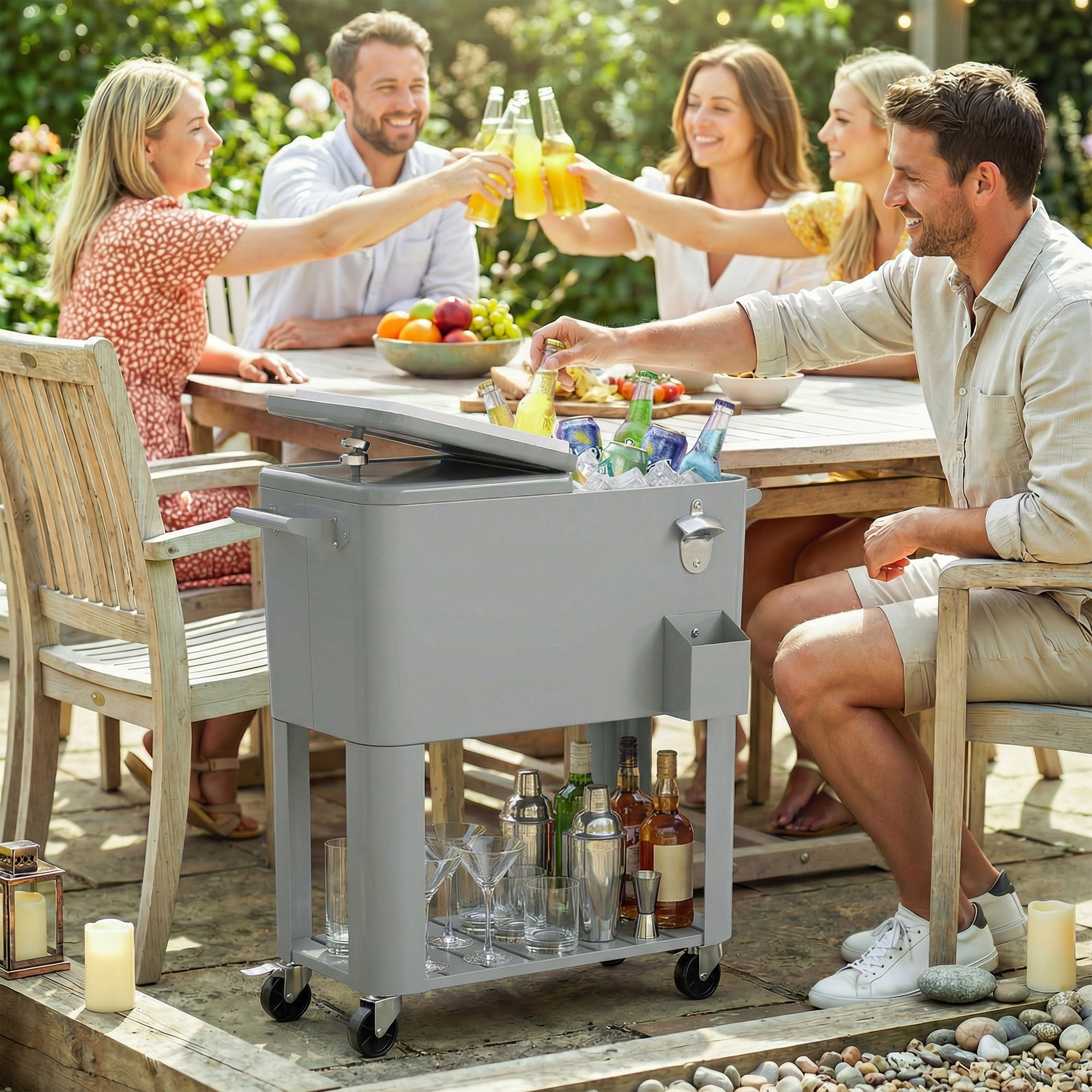 Outsunny Garten-Kühlbox 76L, Garten-Servierwagen mit Ablage, Flaschenöffner, Feststellbare Rollen, Kronkorkensammler, Tragbar für Getränke Bar Garten Hof Partys – Bild 2 von 2
