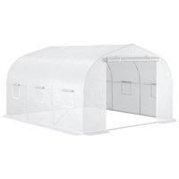 Outsunny Garten-Tunnelgewächshaus dim. 3,5L x 3B x 2H m Tür + 6 aufrollbare Fenster Verzinkter Stahl PE-Hochdichte-Plane Weiß Aosom