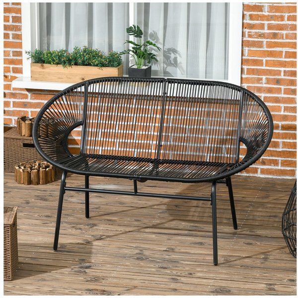 Outsunny Gartenbank Rattansessel, Outdoor Sessel, wetterfest, belastbar bis 240kg (Balkonbank, 1-St., Parkbank), für Terrasse, Balkon, Stahl, Schwarz