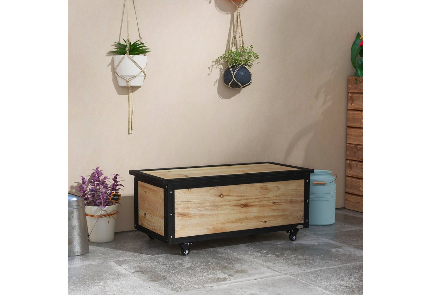 Outsunny Gartenbox 121L, aus Holz, Gartenbox, Auflagenbox mit Rollen (Aufbewahrungsbox, 1 St., Aufbewahrungskiste), für Balkon, Terrasse, Natur – Bild 2 von 5