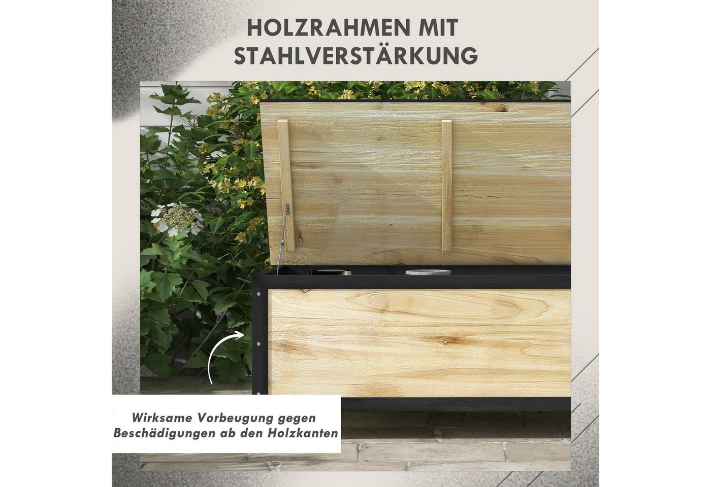 Outsunny Gartenbox 121L, aus Holz, Gartenbox, Auflagenbox mit Rollen (Aufbewahrungsbox, 1 St., Aufbewahrungskiste), für Balkon, Terrasse, Natur – Bild 5 von 5