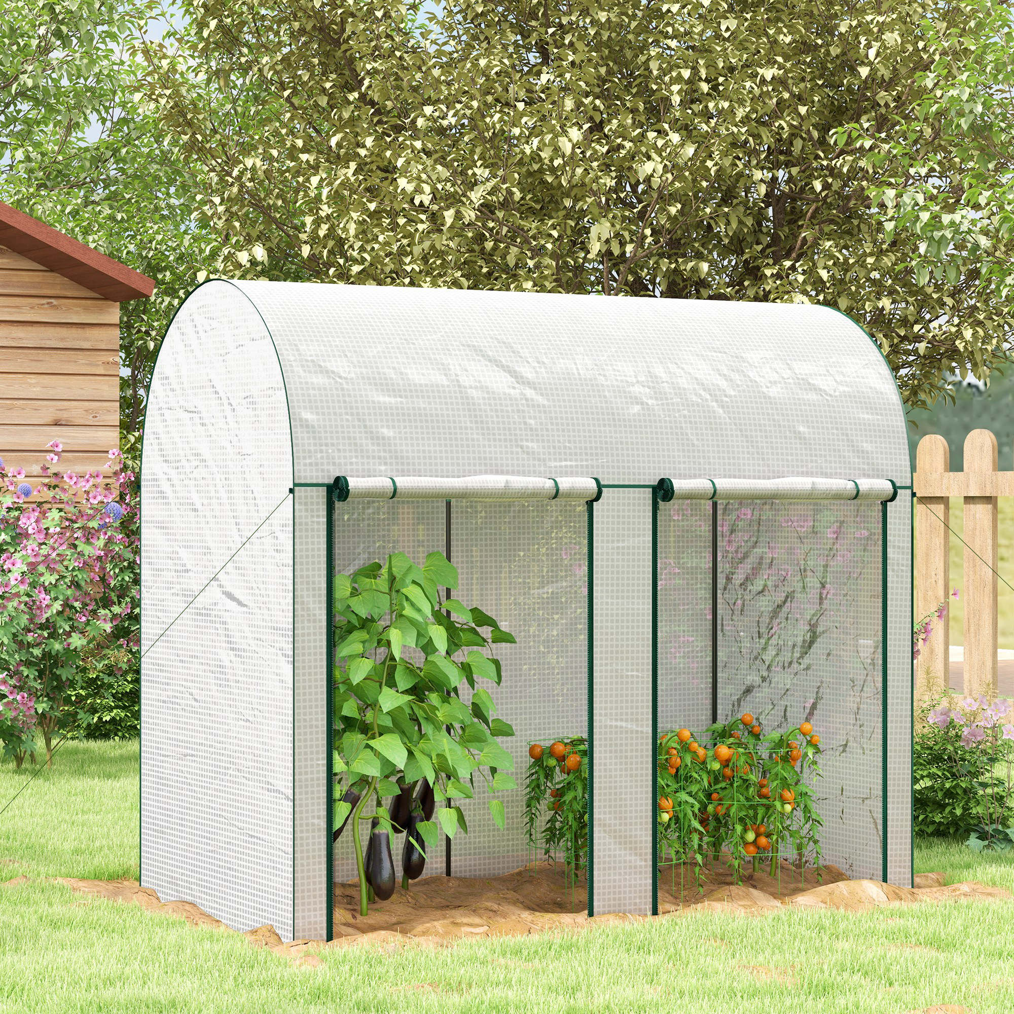 Outsunny Gartengewächshaus 2 m² Tomaten-Gewächshaus Abmessungen 2L x 1B x 1,78H m 2 Rolltüren mit Reißverschluss Stahl PE hohe Dichte 140 g/m² UV-beständig weiß – Bild 2 von 2