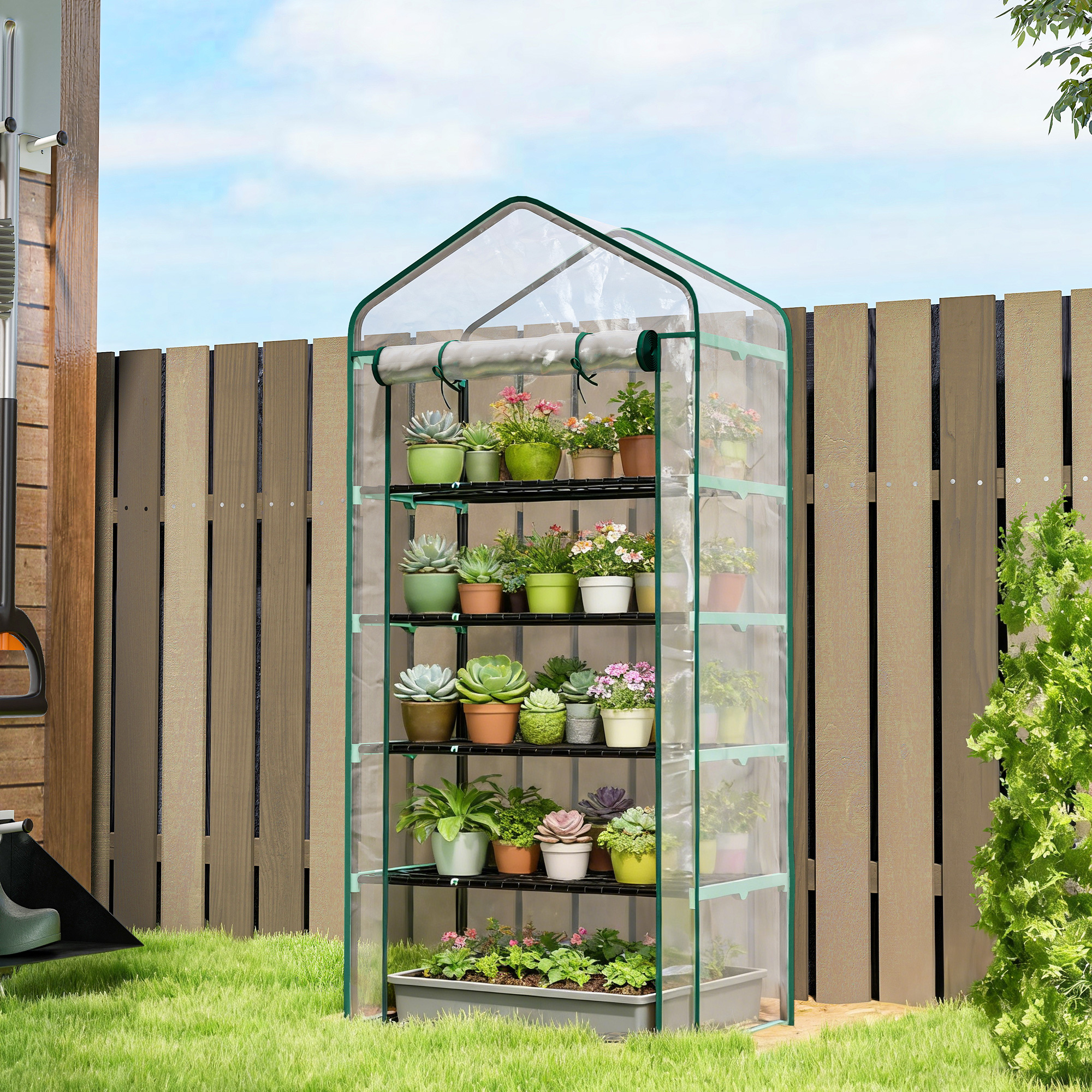 Outsunny Gartengewächshaus mit 5 Ablagen, Balkon-Gewächshaus, verstärkte Plane, Stahlgestell, aufrollbare Reißverschluss-Tür, für Gemüse Pflanzen Blumen, 90x49x – Bild 2 von 2