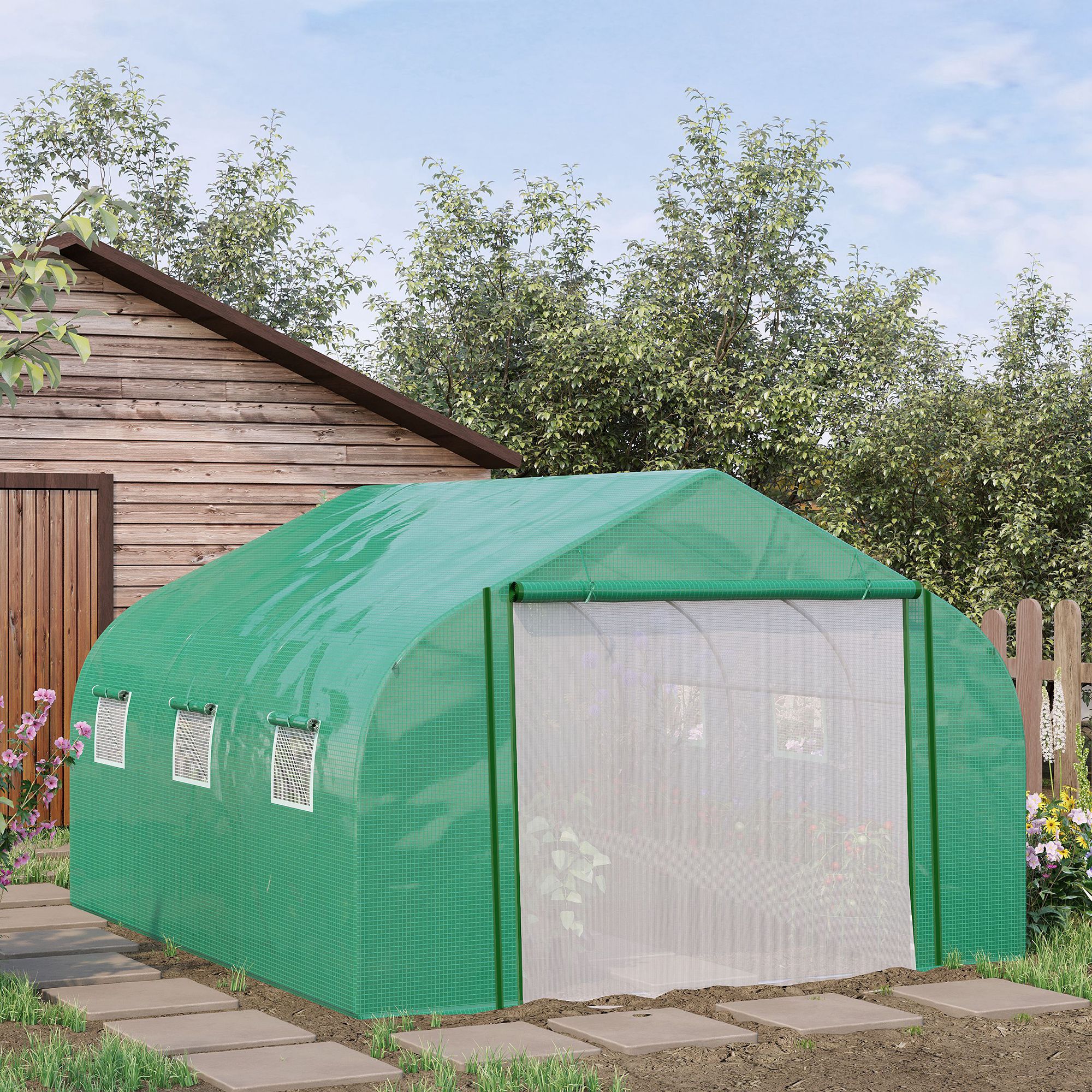 Outsunny Gartengewächshaus-Tunnel Groß 3,5 x 3 x 2 m - 6 Fenster und aufrollbare Reißverschlusstür - Feuerverzinkter Stahl PE Hochdichtefolie Grün Aosom – Bild 2 von 2