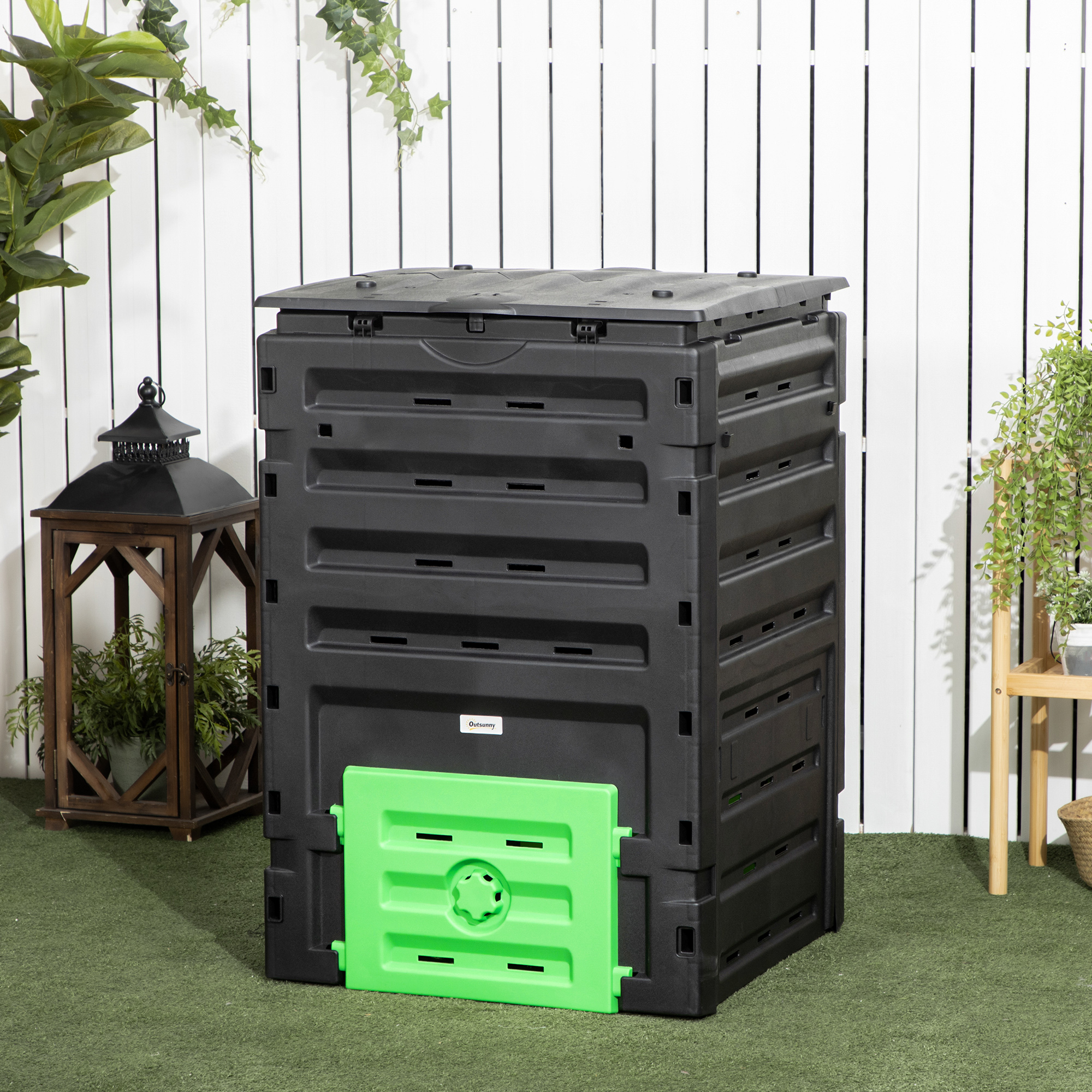 Outsunny Gartenkomposter 450 L, Komposter aus Polypropylen, 80 Belüftungsöffnungen und 2 Schiebetüren, leicht und robust, schwarz Aosom – Bild 2 von 2