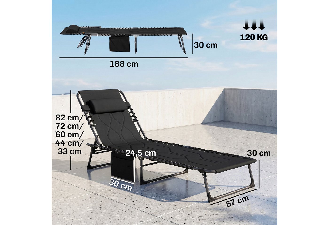 Outsunny Gartenliege Liegestuhl, wetterfeste Campingliege bis 130 kg belastbar, Sonnenliege, 1 St., Klappliege, Stahl Oxford-Stoff Schwarz 188 x 57 x 30 cm – Bild 3 von 5