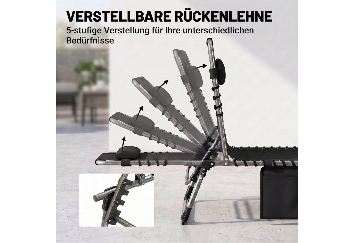 Outsunny Gartenliege Liegestuhl, wetterfeste Campingliege bis 130 kg belastbar, Sonnenliege, 1 St., Klappliege, Stahl Oxford-Stoff Schwarz 188 x 57 x 30 cm – Bild 4 von 5