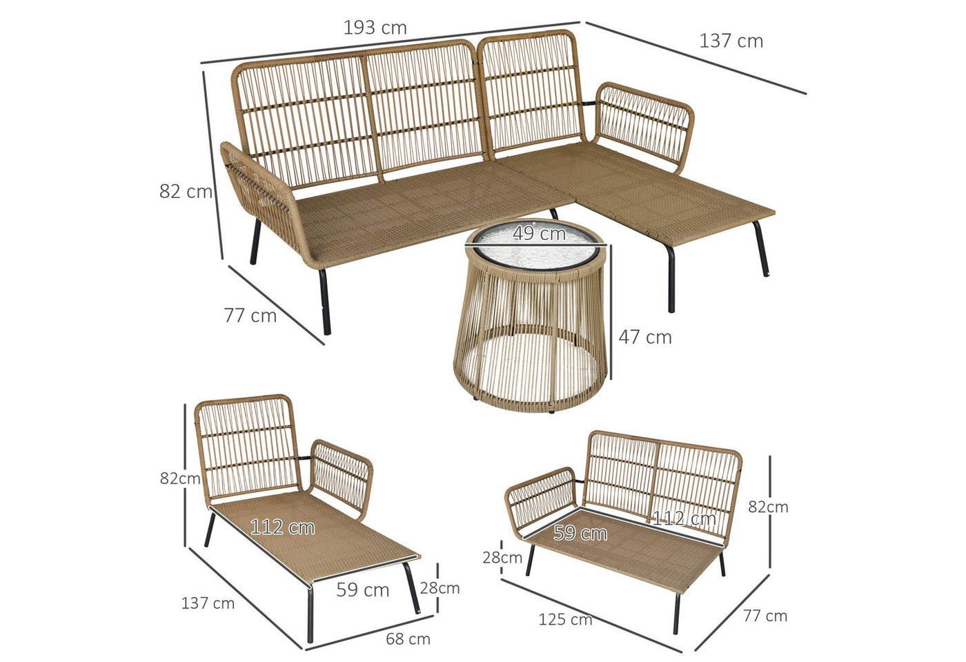 Outsunny Gartenlounge-Set Rattan Gartenmöbel-Set, Sitzgruppe mit Kissen und Beistelltisch, (Polyrattan Lounge Set, 3-tlg., Gartengarnitur), für Garten, Terrasse – Bild 3 von 5
