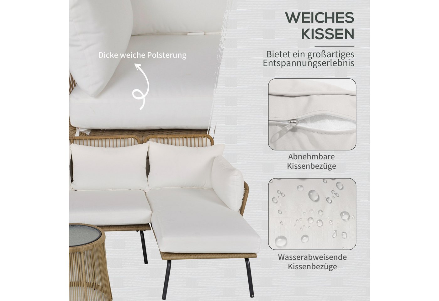 Outsunny Gartenlounge-Set Rattan Gartenmöbel-Set, Sitzgruppe mit Kissen und Beistelltisch, (Polyrattan Lounge Set, 3-tlg., Gartengarnitur), für Garten, Terrasse – Bild 5 von 5