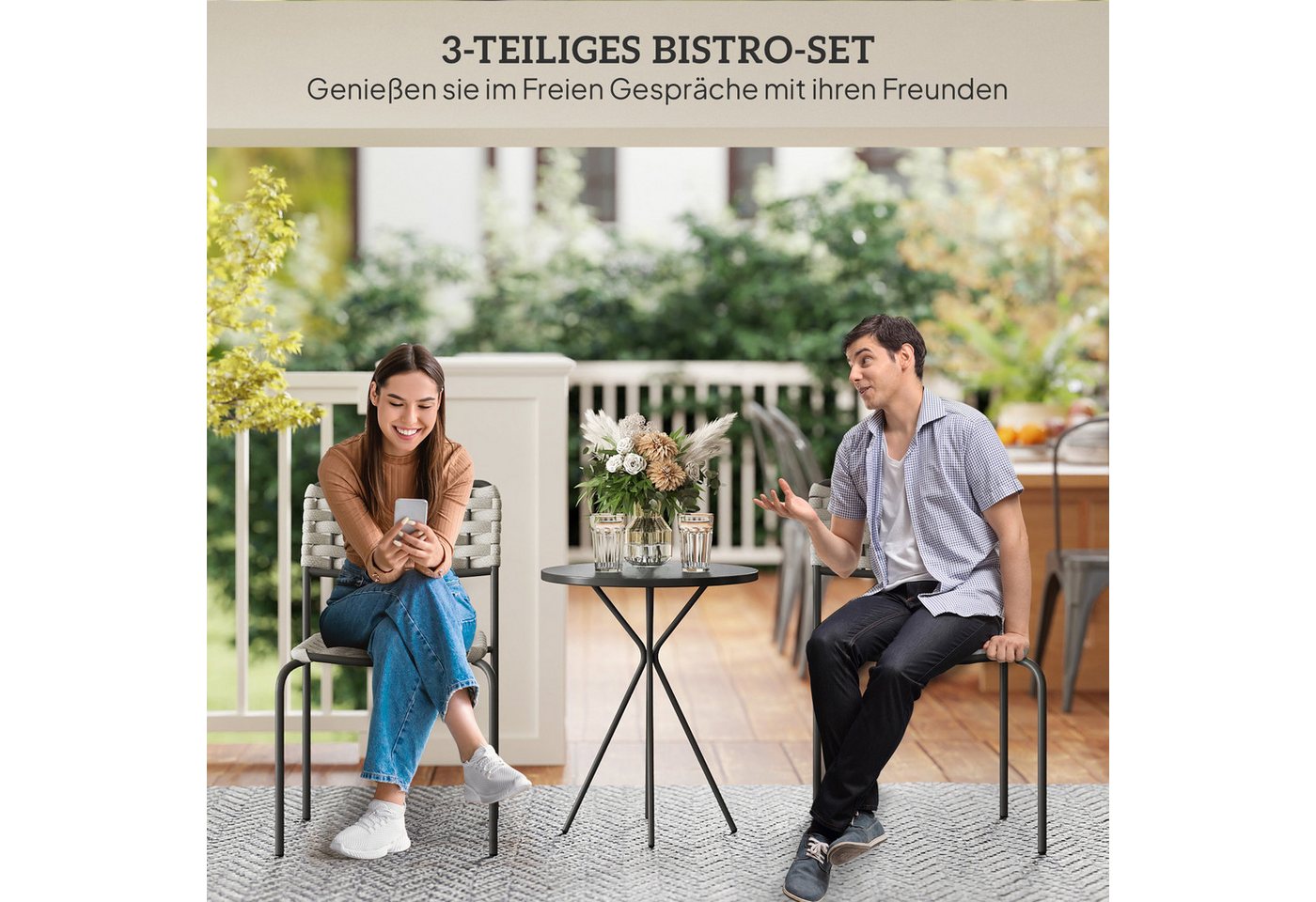 Outsunny Gartenlounge-Set Sitzgruppe mit 2 Stapelbare Stühle und Tisch, (wetterfest Balkonmöbel für 2 Personen, 3-tlg., Polyrattan Gartenmöbel Set), für Garten, – Bild 4 von 5