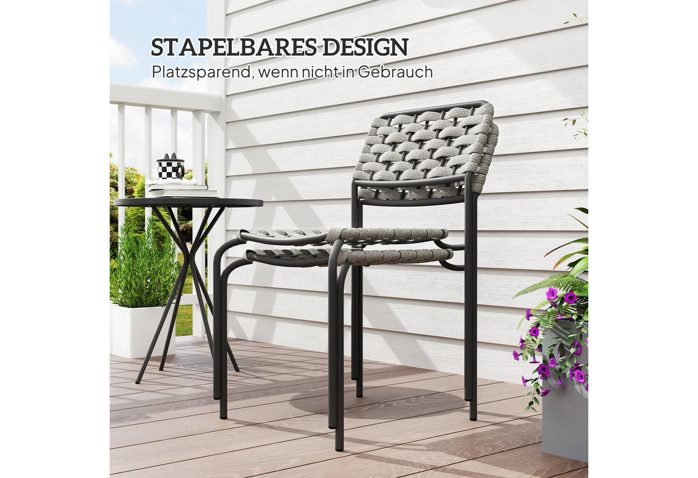 Outsunny Gartenlounge-Set Sitzgruppe mit 2 Stapelbare Stühle und Tisch, (wetterfest Balkonmöbel für 2 Personen, 3-tlg., Polyrattan Gartenmöbel Set), für Garten, – Bild 5 von 5