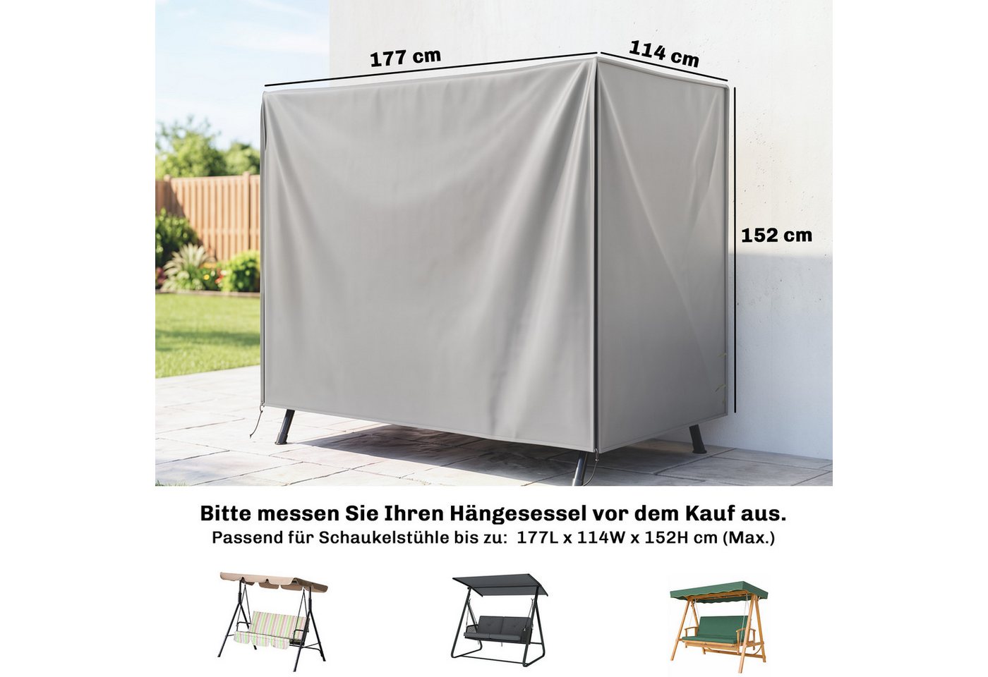Outsunny Gartenmöbel-Schutzhülle 3 Sitzer, Wasserabweisend, Winterfest, 600D Oxford Gewebe (Regenschutz, 1-St., Sonnenschutz), Oxford, Grau 177 x 114 x 152 cm – Bild 3 von 5