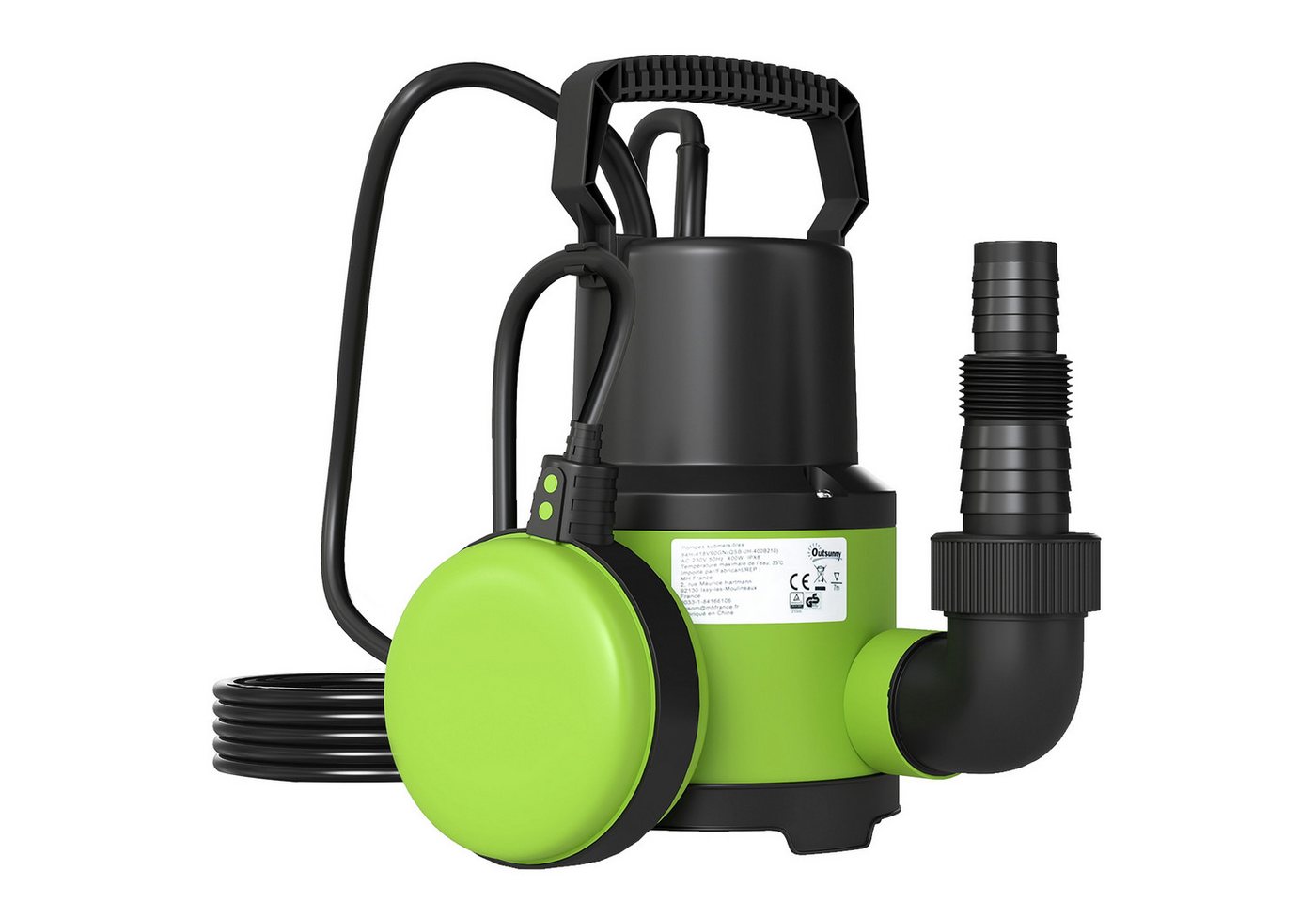 Outsunny Gartenpumpe Schmutzwassertauchpumpe mit Schwimmerschalter Förderhöhe max 5 m (Tauchpumpe, 1-tlg., Schmutzwasserpumpe), 400W 9000L,h Grün 16 x 14 x 27 c – Bild 2 von 5
