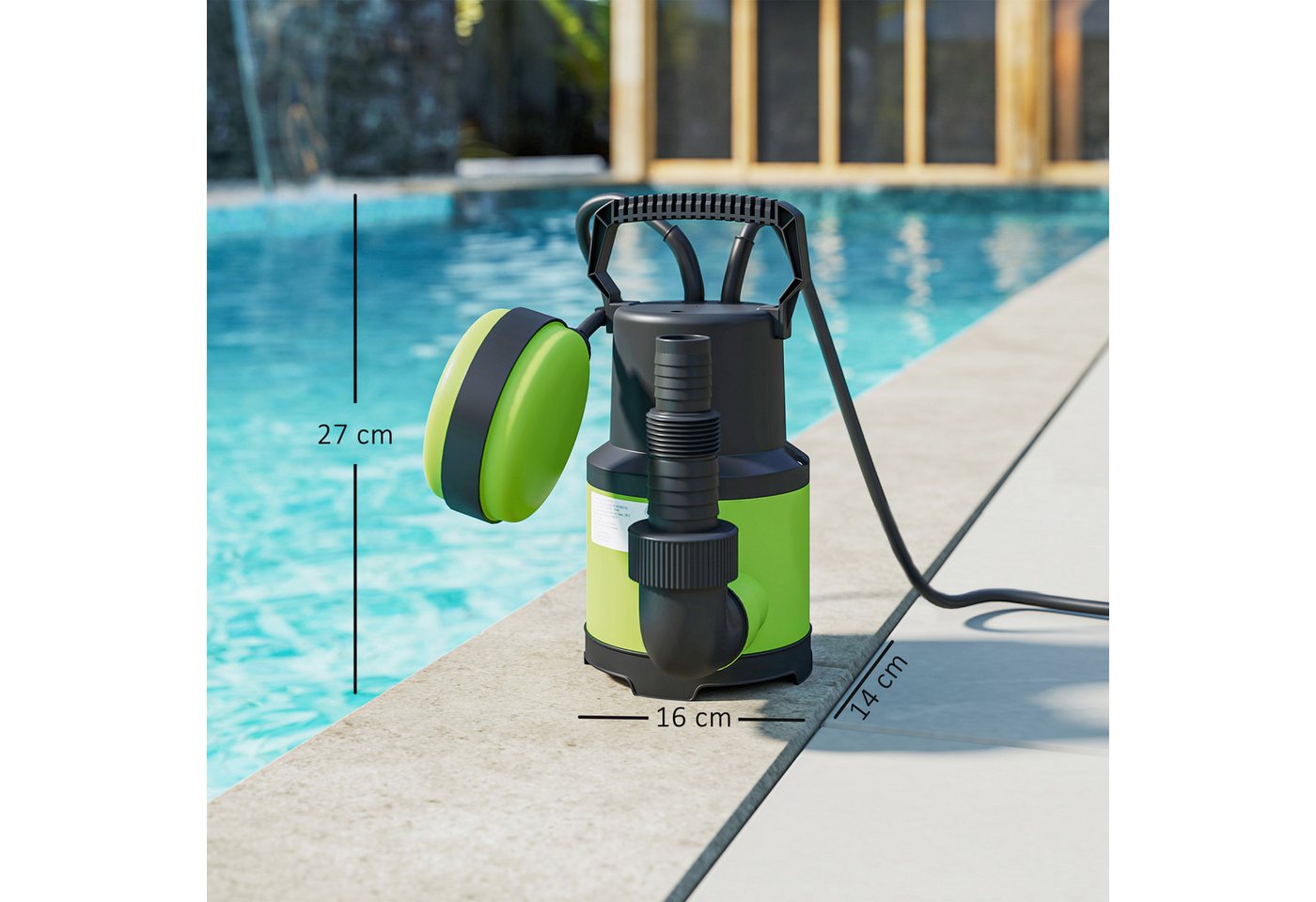 Outsunny Gartenpumpe Schmutzwassertauchpumpe mit Schwimmerschalter Förderhöhe max 5 m (Tauchpumpe, 1-tlg., Schmutzwasserpumpe), 400W 9000L,h Grün 16 x 14 x 27 c – Bild 3 von 5