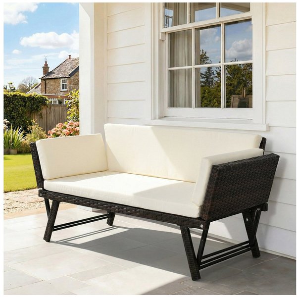 Outsunny Gartensofa Polyrattan 2 Sitzer klappbar mit Armlehnen Stahl 129x63x67cm, Gartenmöbel 1 Teile, für Garten, Balkon, Braun