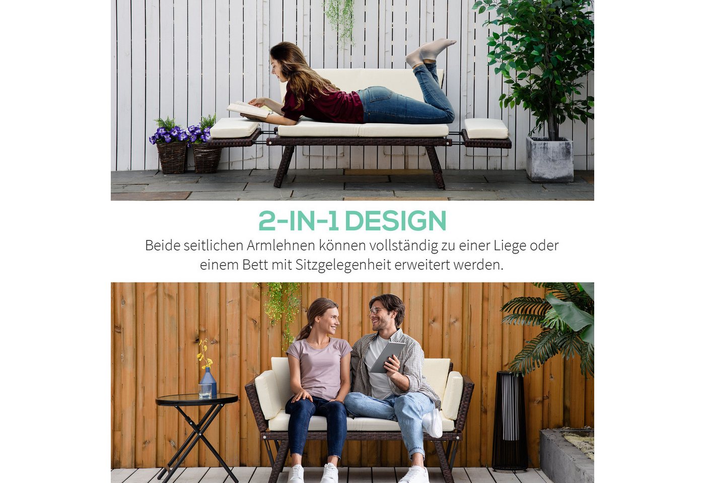 Outsunny Gartensofa Polyrattan 2 Sitzer klappbar mit Armlehnen Stahl 129x63x67cm, Gartenmöbel 1 Teile, für Garten, Balkon, Braun – Bild 4 von 5