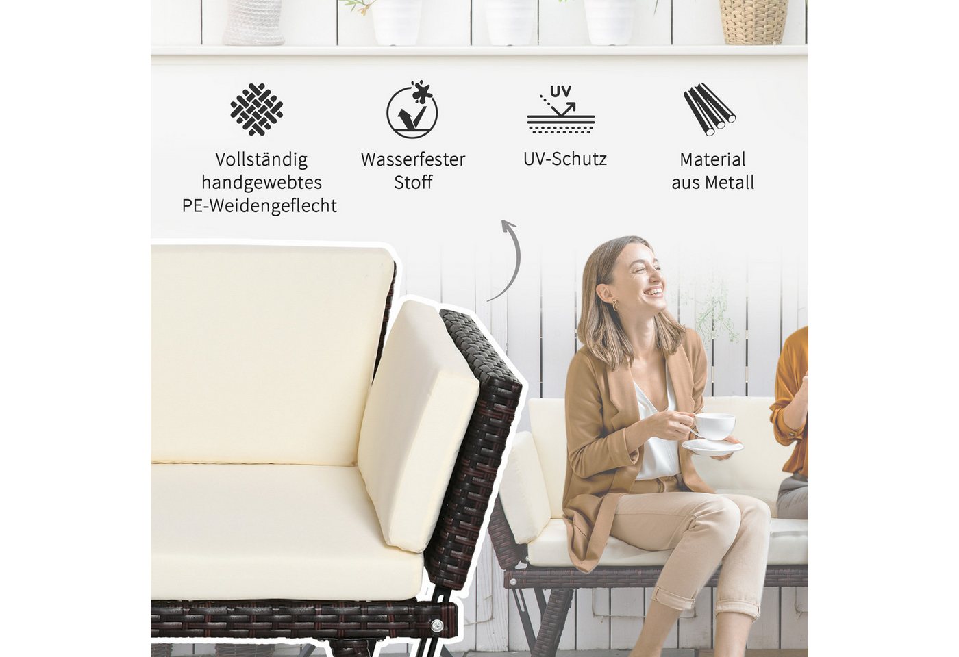 Outsunny Gartensofa Polyrattan 2 Sitzer klappbar mit Armlehnen Stahl 129x63x67cm, Gartenmöbel 1 Teile, für Garten, Balkon, Braun – Bild 5 von 5