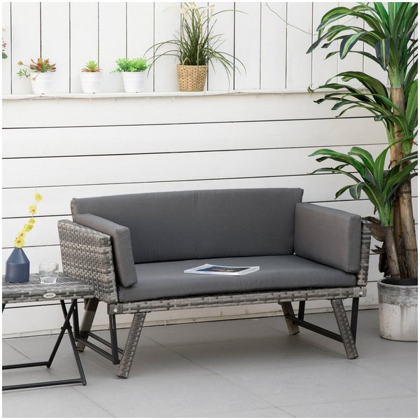 Outsunny Gartensofa Polyrattan 2 Sitzer klappbar mit Armlehnen Stahl 129x63x67cm, Gartenmöbel 1 Teile, für Garten, Balkon, Grau