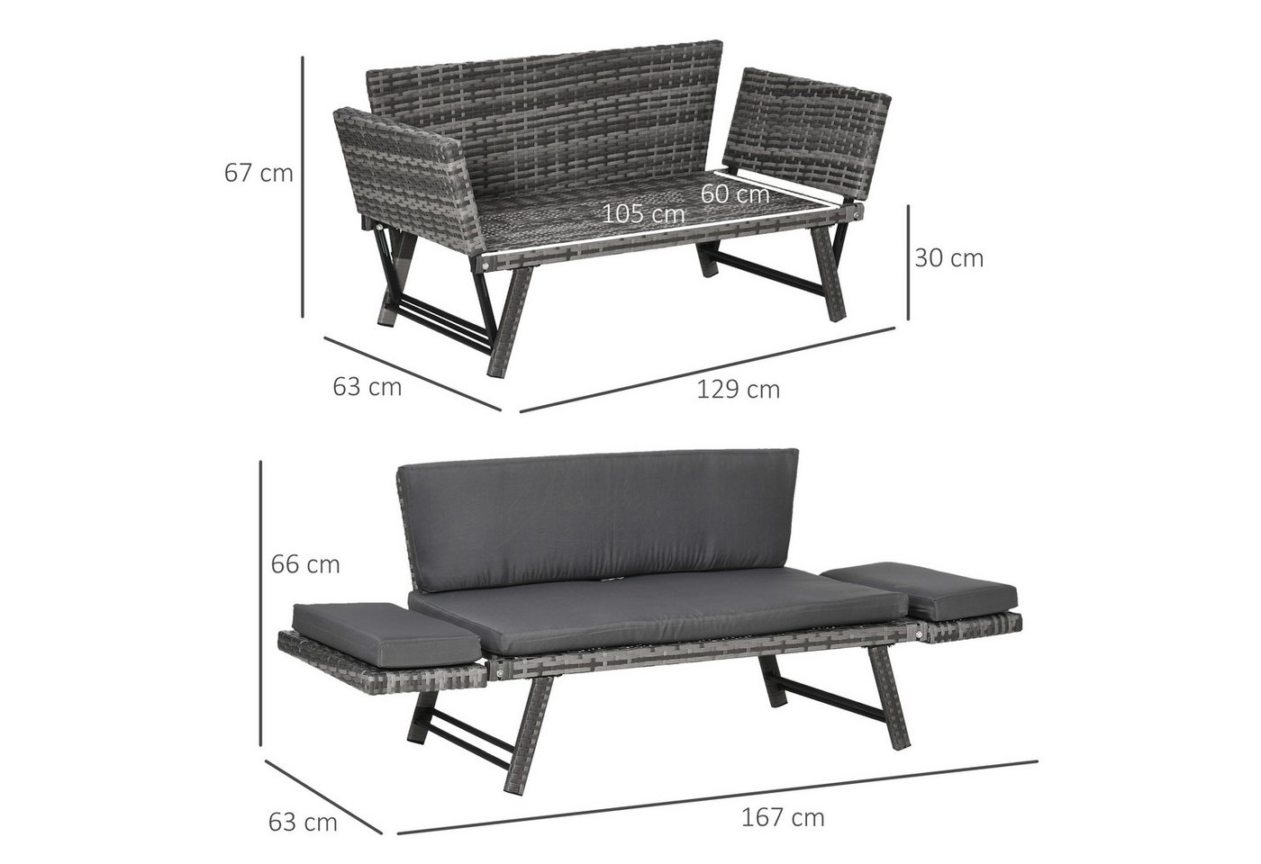 Outsunny Gartensofa Polyrattan 2 Sitzer klappbar mit Armlehnen Stahl 129x63x67cm, Gartenmöbel 1 Teile, für Garten, Balkon, Grau – Bild 3 von 5