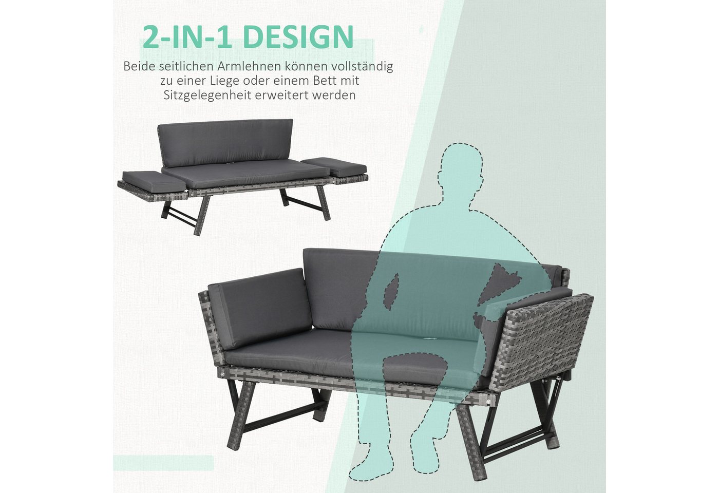 Outsunny Gartensofa Polyrattan 2 Sitzer klappbar mit Armlehnen Stahl 129x63x67cm, Gartenmöbel 1 Teile, für Garten, Balkon, Grau – Bild 4 von 5
