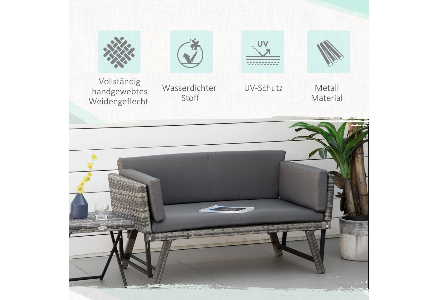 Outsunny Gartensofa Polyrattan 2 Sitzer klappbar mit Armlehnen Stahl 129x63x67cm, Gartenmöbel 1 Teile, für Garten, Balkon, Grau – Bild 5 von 5