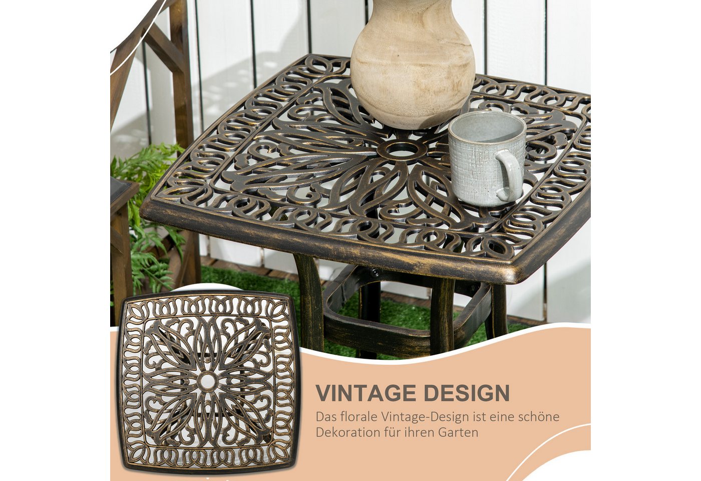 Outsunny Gartentisch Kaffeetisch mit Schirmloch und Aluminiumrahmen, für Garten, Balkon (Terrassentisch, 1-St., Beistelltisch), Bronze, 54 x 54 x 52,5 cm – Bild 4 von 5