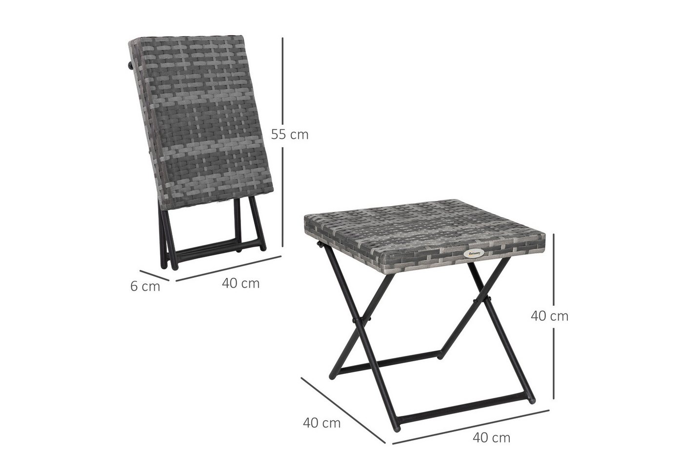 Outsunny Gartentisch klappbar Kaffeetisch aus Polyrattan Terrasse 40x40x40cm (Couchtisch, 1-St., Beistelltisch), für Garten, Balkon, Grau – Bild 3 von 5