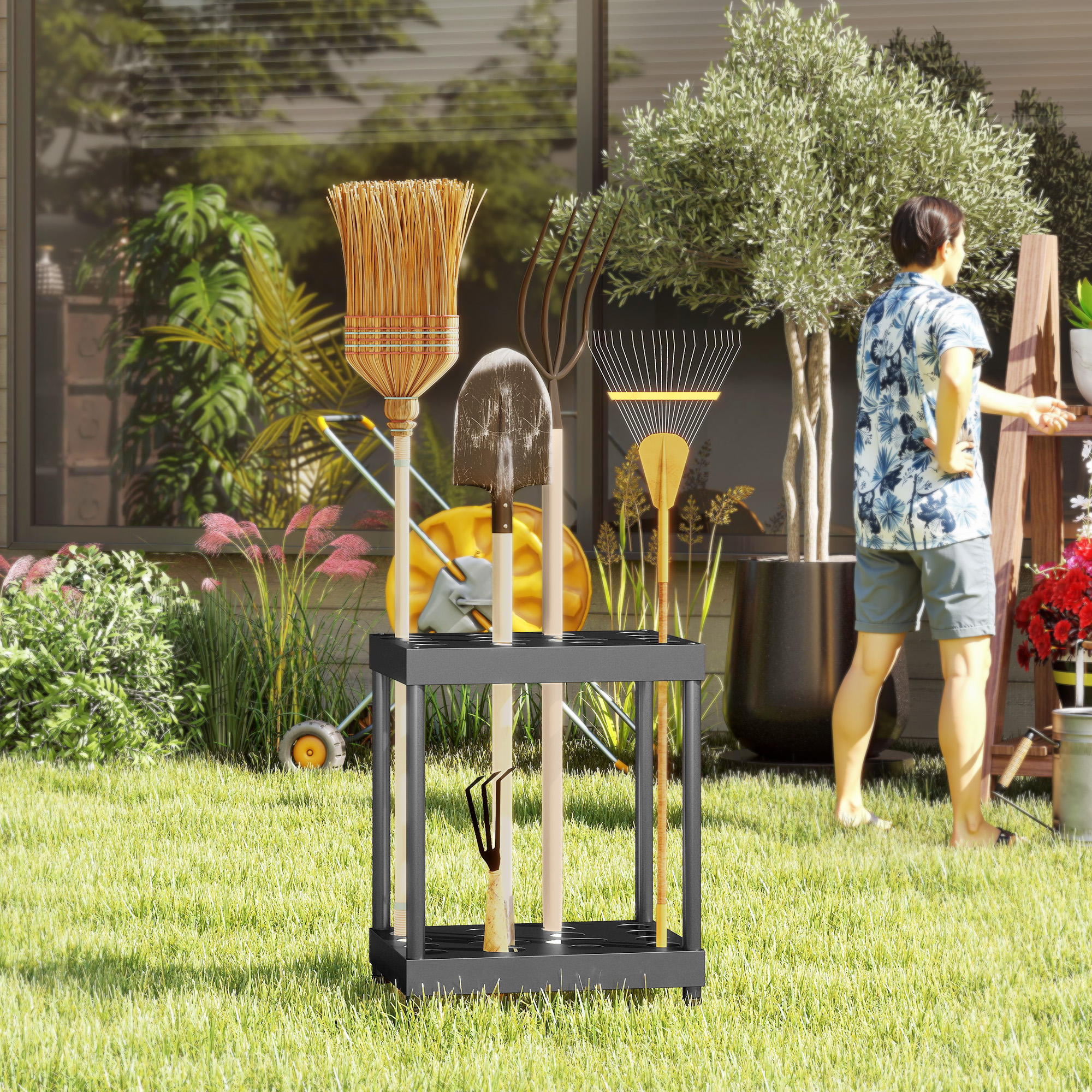 Outsunny Gartenwerkzeug-Organisator, Gartenwerkzeughalter mit 16 Fächern auf 2 Ebenen mit verstellbaren Polstern für Gartenscheren, Schaufeln, Rechen, für Unter – Bild 2 von 2