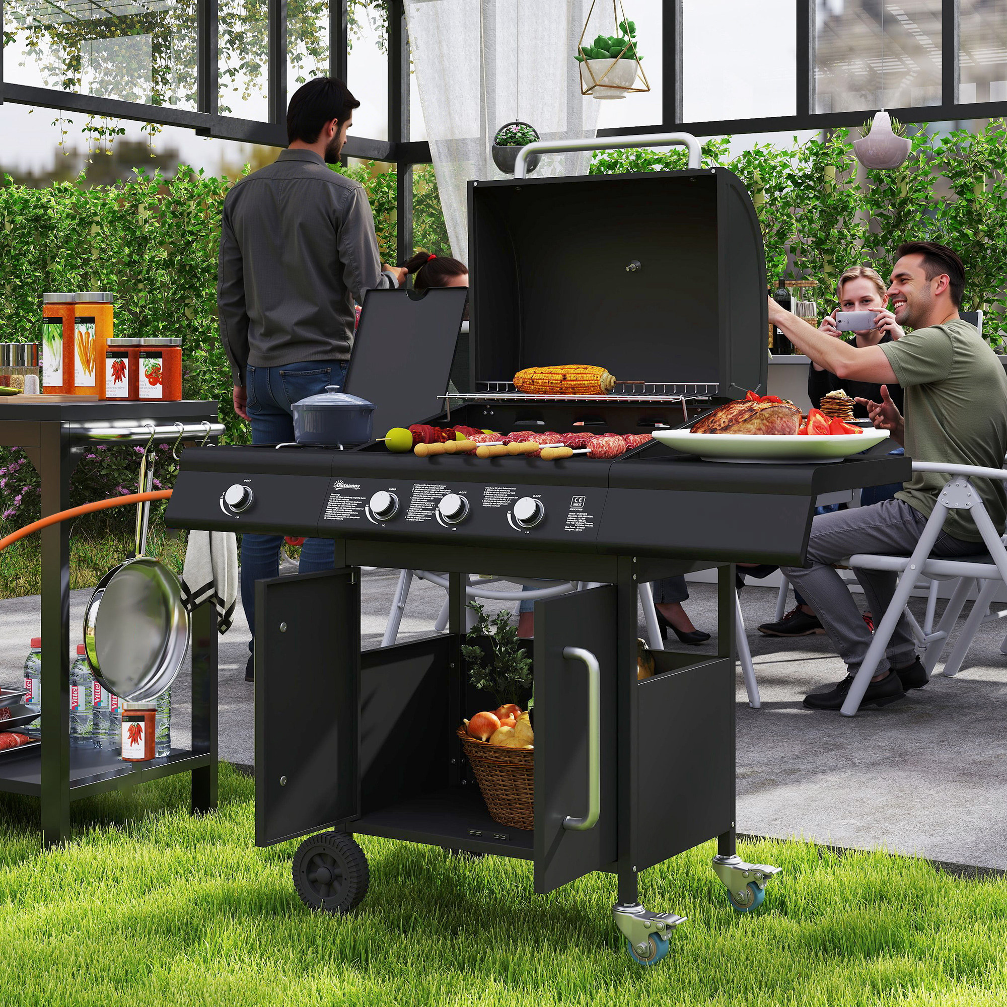 Outsunny Gasgrill 12,2 KW 3+1 Brenner BBQ Grillwagen aus Edelstahl inkl Rolle Seitenbrenner Thermometer Grillrost Kochfeld Seitentisch Gas-Grill für Balkon Camp – Bild 2 von 2
