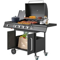 Outsunny Gasgrill 15,2 KW Grillwagen inkl 5 Edelstahl-Brenner Rolle Seitenkocher Druckminderer Gasschlauch Deckel Thermometer Seitenablagen, BBQ Gartengrill für