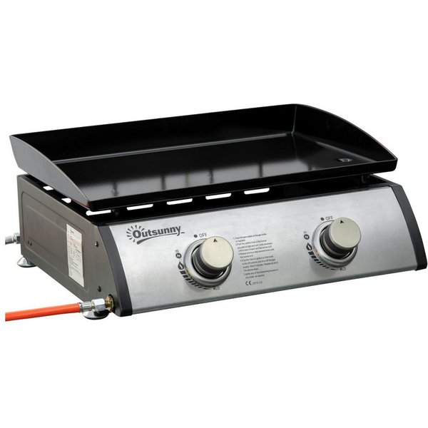 Outsunny Gasgrill Campinggrill mit 2 Brennern, Tischgrill, Tischgasgrill, Edelstahl+Metall, Silber, 48,5 x 46 x 21 cm