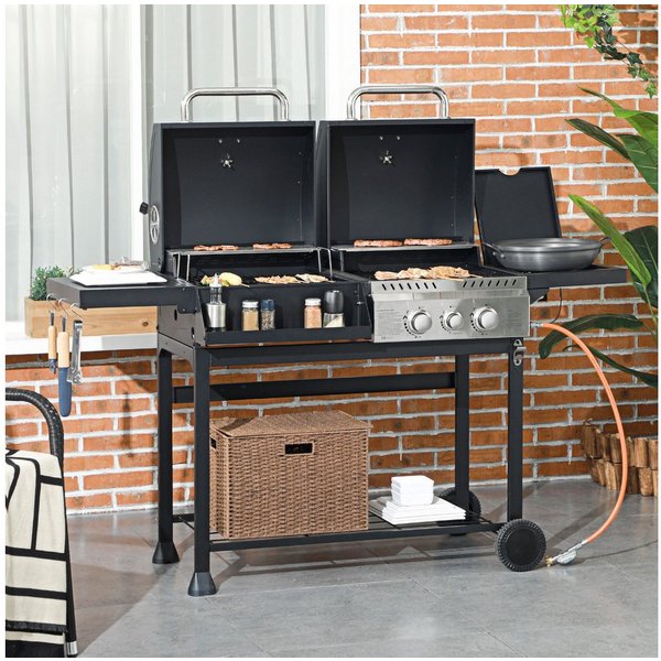 Outsunny Gasgrill Grillwagen mit 2+1 Brenner, Thermometer, 3kW BBQ, Holzkohlgrill, Campinggrill, für Garten, Balkon, Schwarz