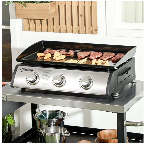 Outsunny Gasgrill mit Deckel, 3 Brennern, Fettauffangschale, antihaft-Platte, Tischgasgrill, Tischgrill, für Garten, Balkon, Schwarz
