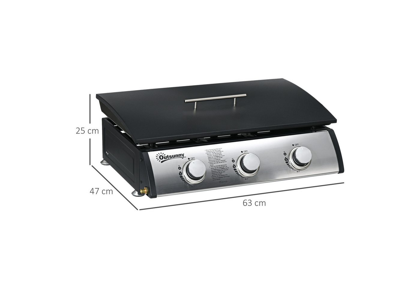 Outsunny Gasgrill mit Deckel, 3 Brennern, Fettauffangschale, antihaft-Platte, Tischgasgrill, Tischgrill, für Garten, Balkon, Schwarz – Bild 3 von 5