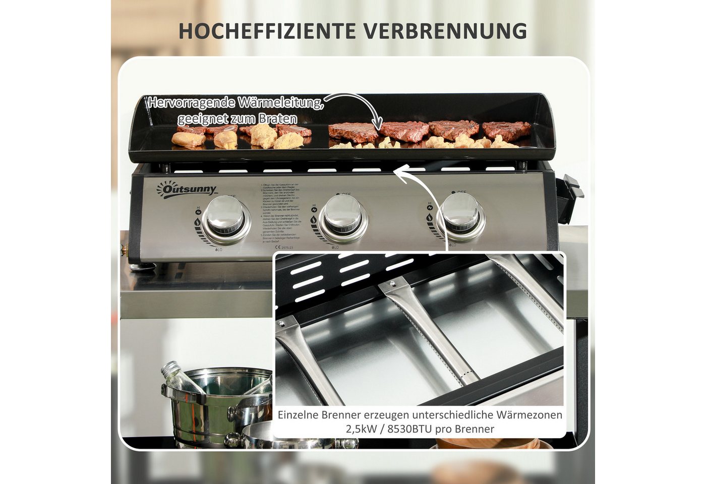 Outsunny Gasgrill mit Deckel, 3 Brennern, Fettauffangschale, antihaft-Platte, Tischgasgrill, Tischgrill, für Garten, Balkon, Schwarz – Bild 4 von 5